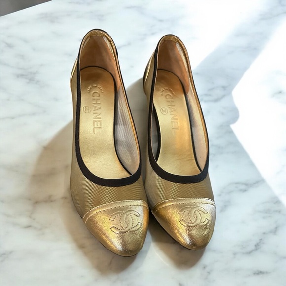 CHANEL Shoes - Chanel Gold Mesh CC PUMPS